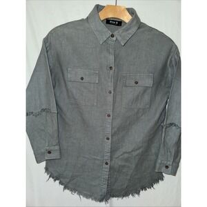 Women's SM Shirt Jacket Linen Blend Long Sleeve Raw Hem Soft Green Button Up